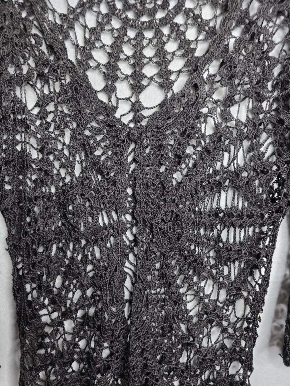 Stylish Black Crocheted Blouse with Long Sleeves & V-Neck - Size M - Picture 3 of 4